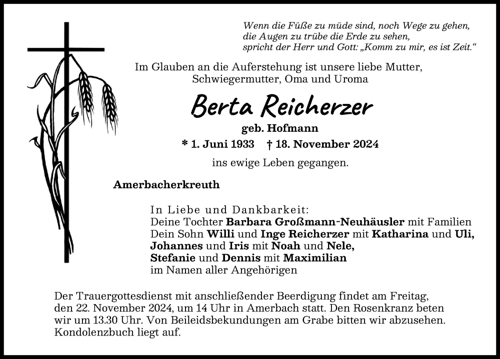 Traueranzeige von Berta Reicherzer von Rieser Nachrichten, Donauwörther Zeitung