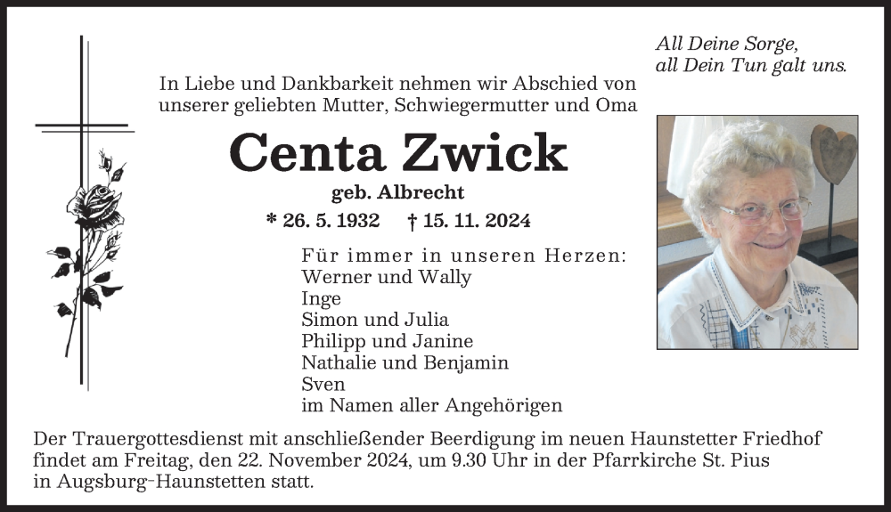 Traueranzeige von Centa Zwick von Aichacher Nachrichten, Augsburger Allgemeine