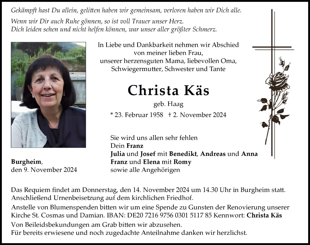  Traueranzeige für Christa Käs vom 09.11.2024 aus Neuburger Rundschau