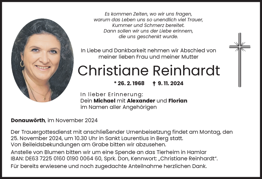 Traueranzeige von Christiane Reinhardt von Donauwörther Zeitung