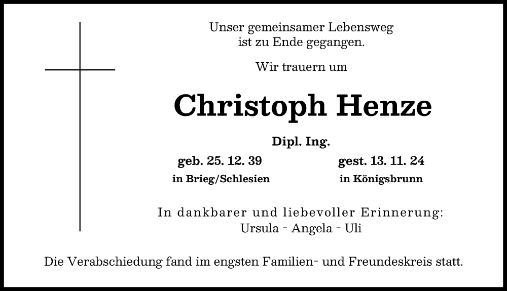 Traueranzeige von Christoph Henze von Augsburger Allgemeine