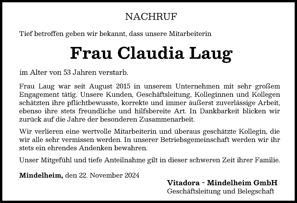 Traueranzeige von Claudia Laug von Mindelheimer Zeitung