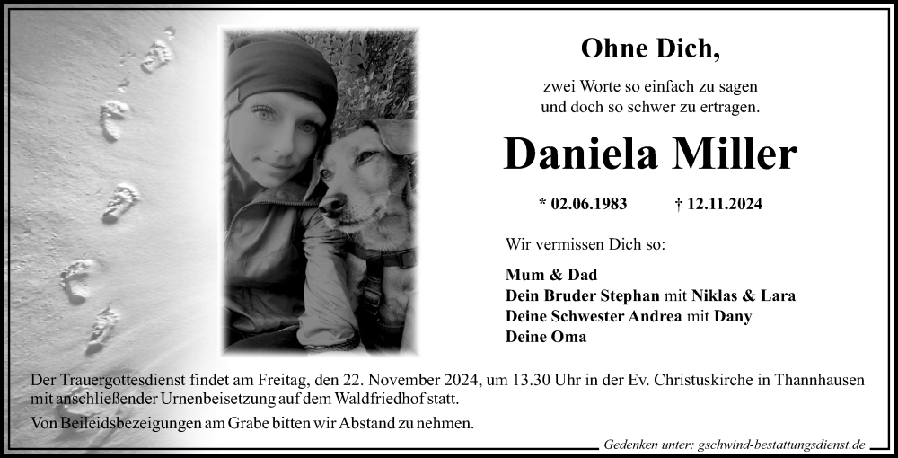  Traueranzeige für Daniela Miller vom 19.11.2024 aus Mittelschwäbische Nachrichten