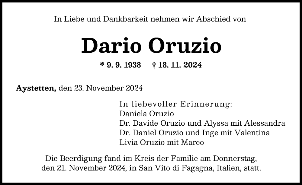 Traueranzeige von Dario Oruzio von Augsburger Allgemeine