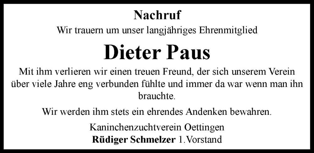 Traueranzeige von Dieter Paus von Rieser Nachrichten