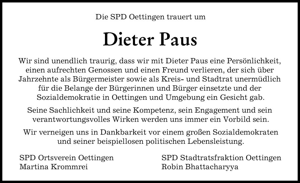 Traueranzeige von Dieter Paus von Rieser Nachrichten