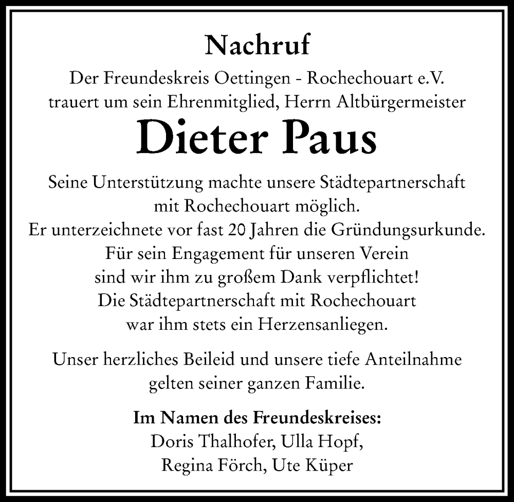 Traueranzeige von Dieter Paus von Rieser Nachrichten