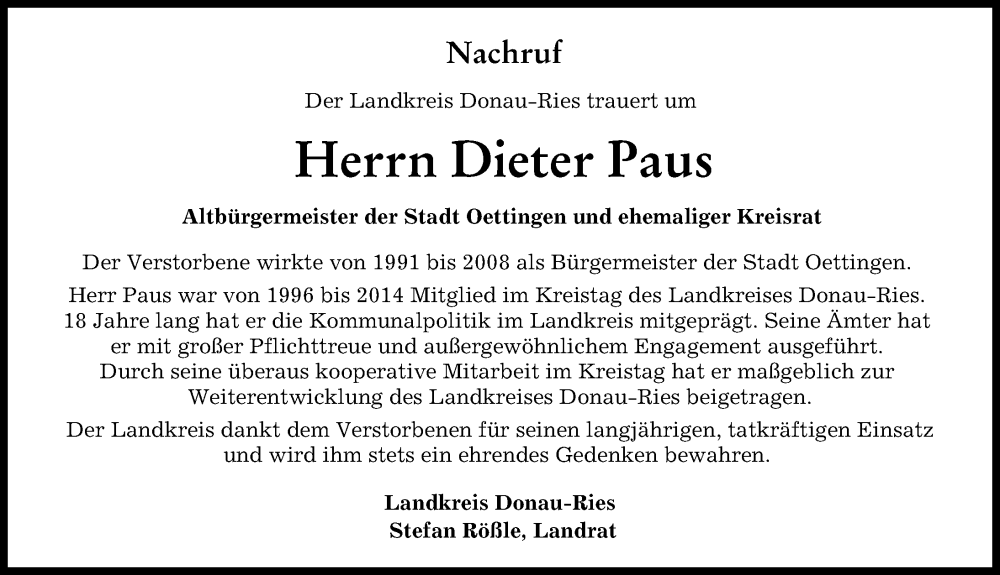 Traueranzeige von Dieter Paus von Rieser Nachrichten, Donauwörther Zeitung