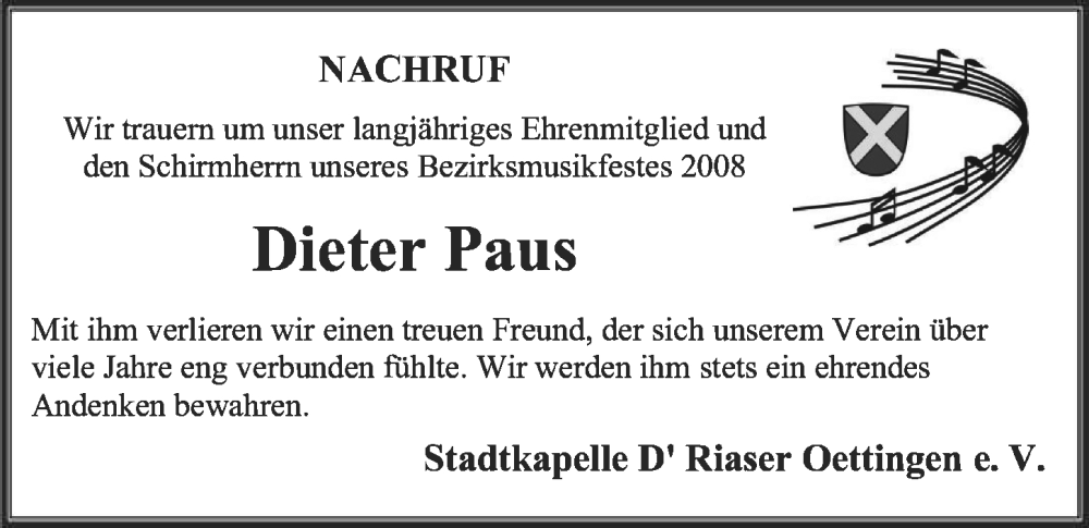 Traueranzeige von Dieter Paus von Rieser Nachrichten