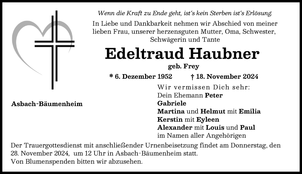 Traueranzeige von Edeltraud Haubner von Donauwörther Zeitung