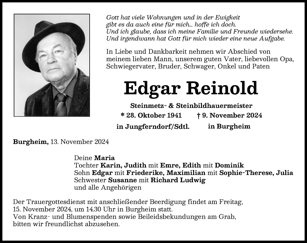 Traueranzeige von Edgar Reinold von Neuburger Rundschau