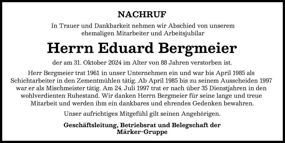 Traueranzeige von Eduard Bergmeier von Rieser Nachrichten, Donauwörther Zeitung