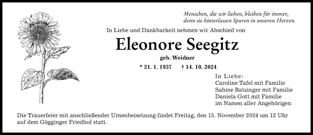 Traueranzeige von Eleonore Seegitz von Augsburger Allgemeine