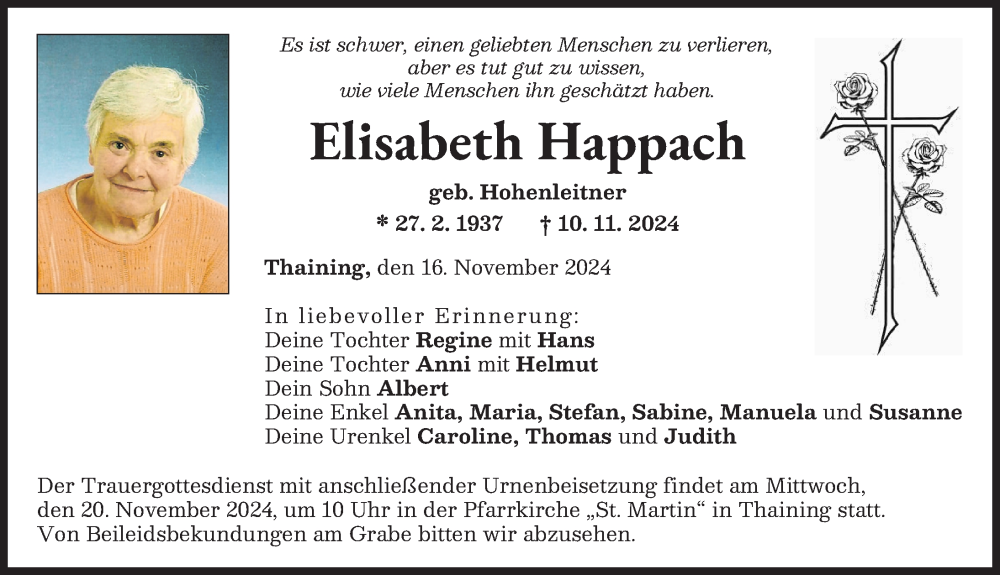 Traueranzeige von Elisabeth Happach von Landsberger Tagblatt