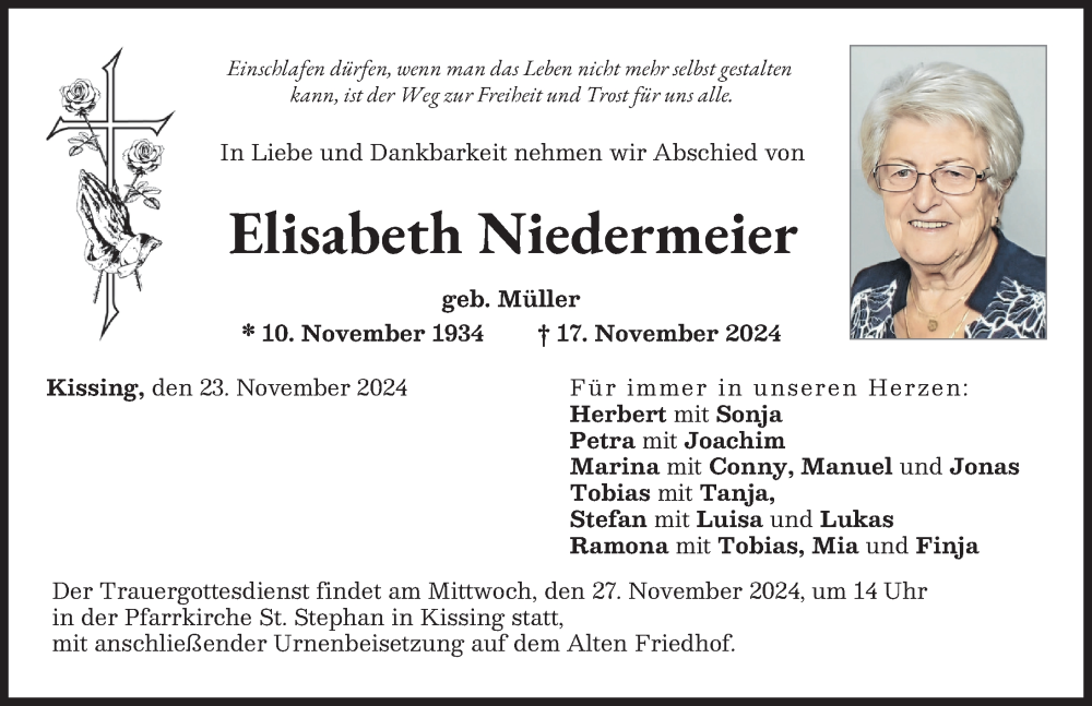 Traueranzeige von Elisabeth Niedermeier von Friedberger Allgemeine