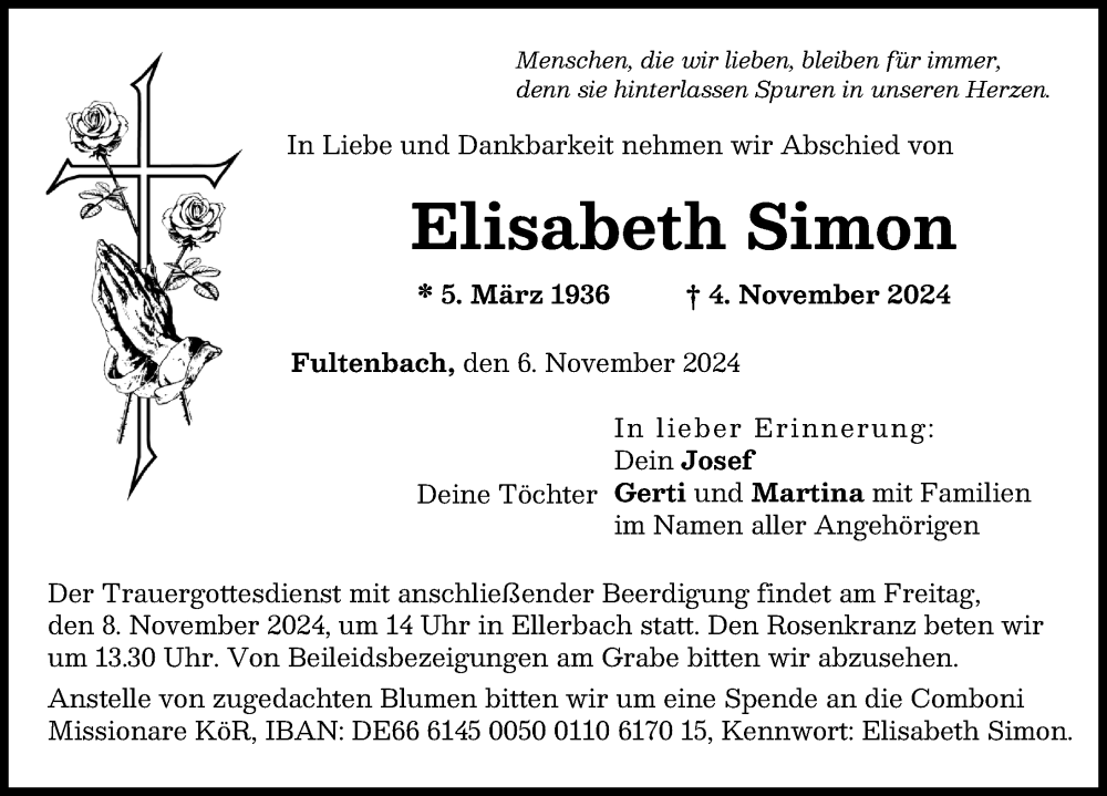 Traueranzeige von Elisabeth Simon von Donau Zeitung