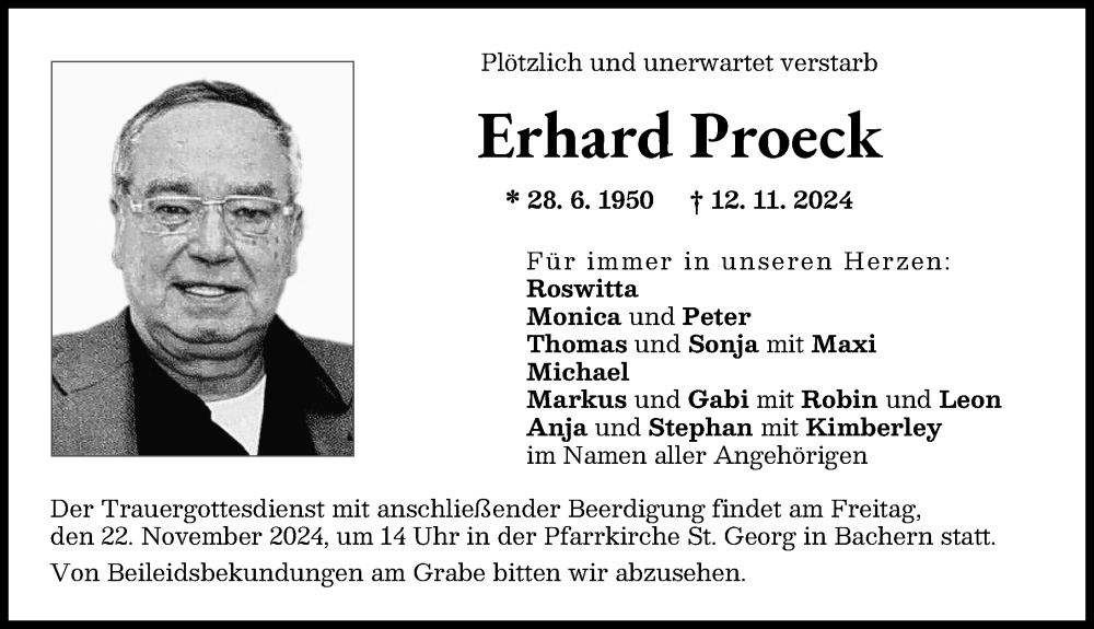 Traueranzeige von Erhard Proeck von Friedberger Allgemeine, Augsburger Allgemeine