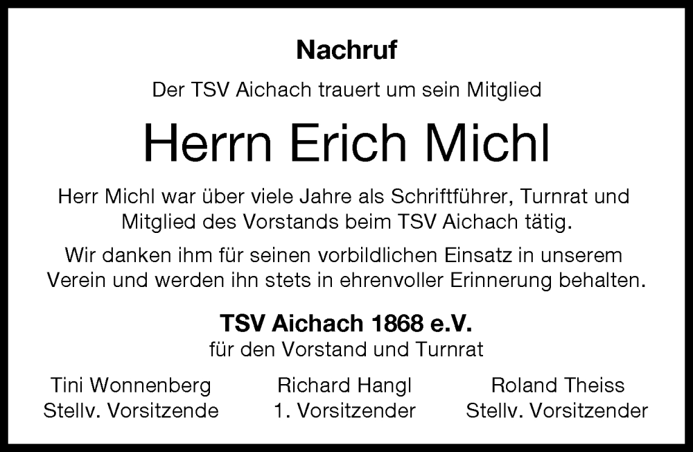 Traueranzeige von Erich Michl von Aichacher Nachrichten