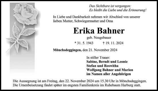 Traueranzeige von Erika Bahner von Rieser Nachrichten