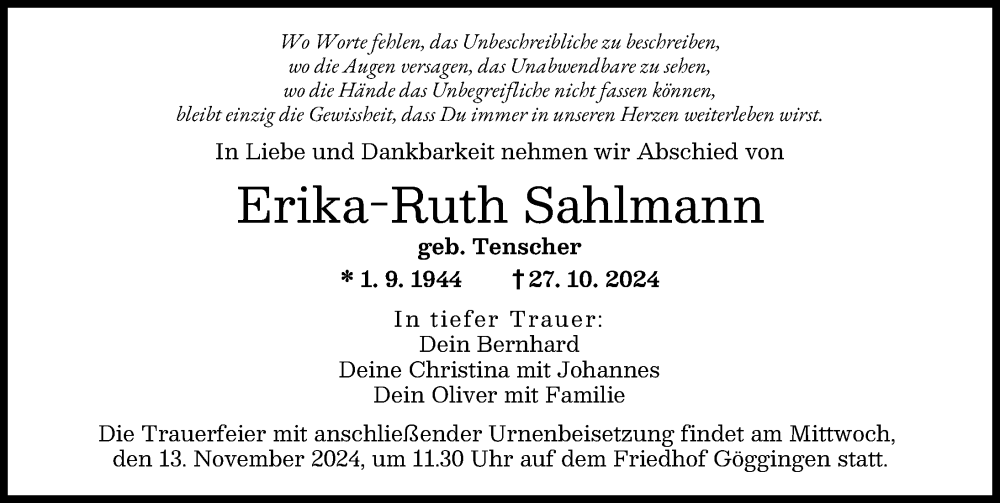 Traueranzeige von Erika-Ruth Sahlmann von Augsburger Allgemeine