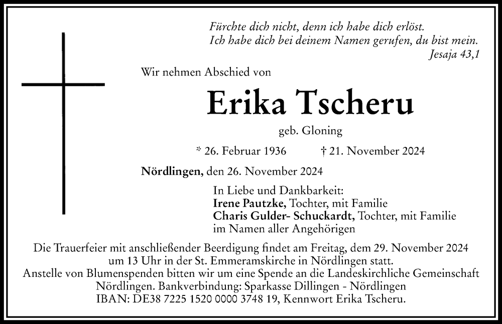 Traueranzeige von Erika Tscheru von Rieser Nachrichten