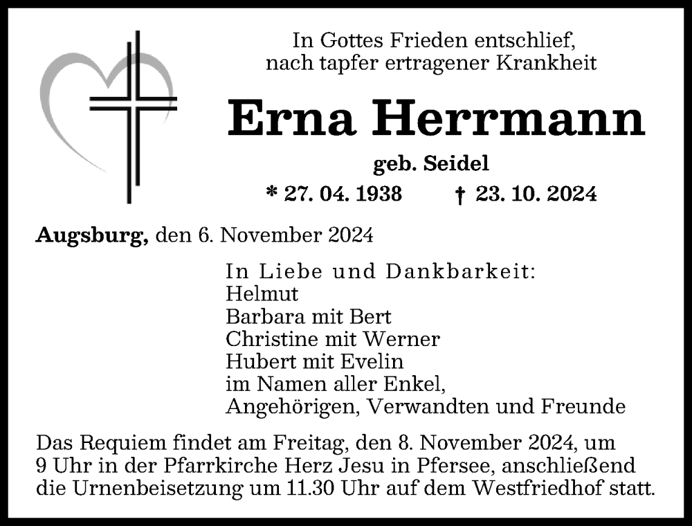 Traueranzeige von Erna Herrmann von Augsburger Allgemeine