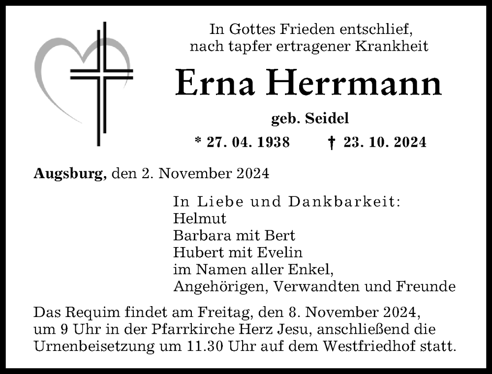 Traueranzeige von Erna Herrmann von Augsburger Allgemeine