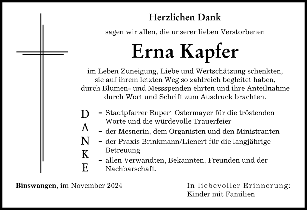 Traueranzeige von Erna Kapfer von Wertinger Zeitung