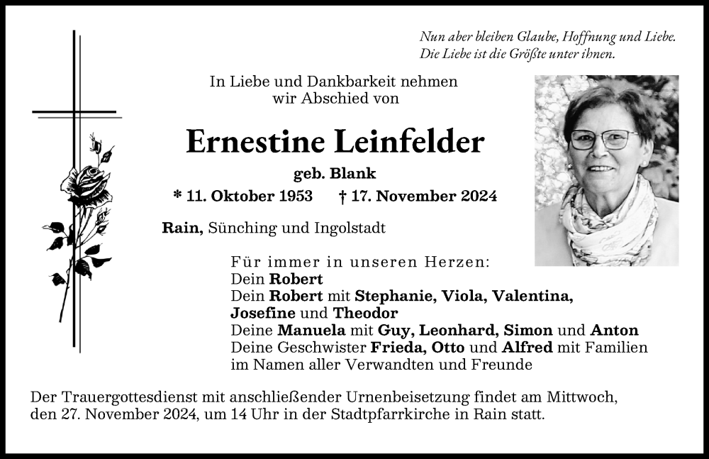 Traueranzeige von Ernestine Leinfelder von Donauwörther Zeitung