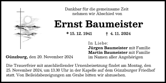 Traueranzeige von Ernst Baumeister von Günzburger Zeitung