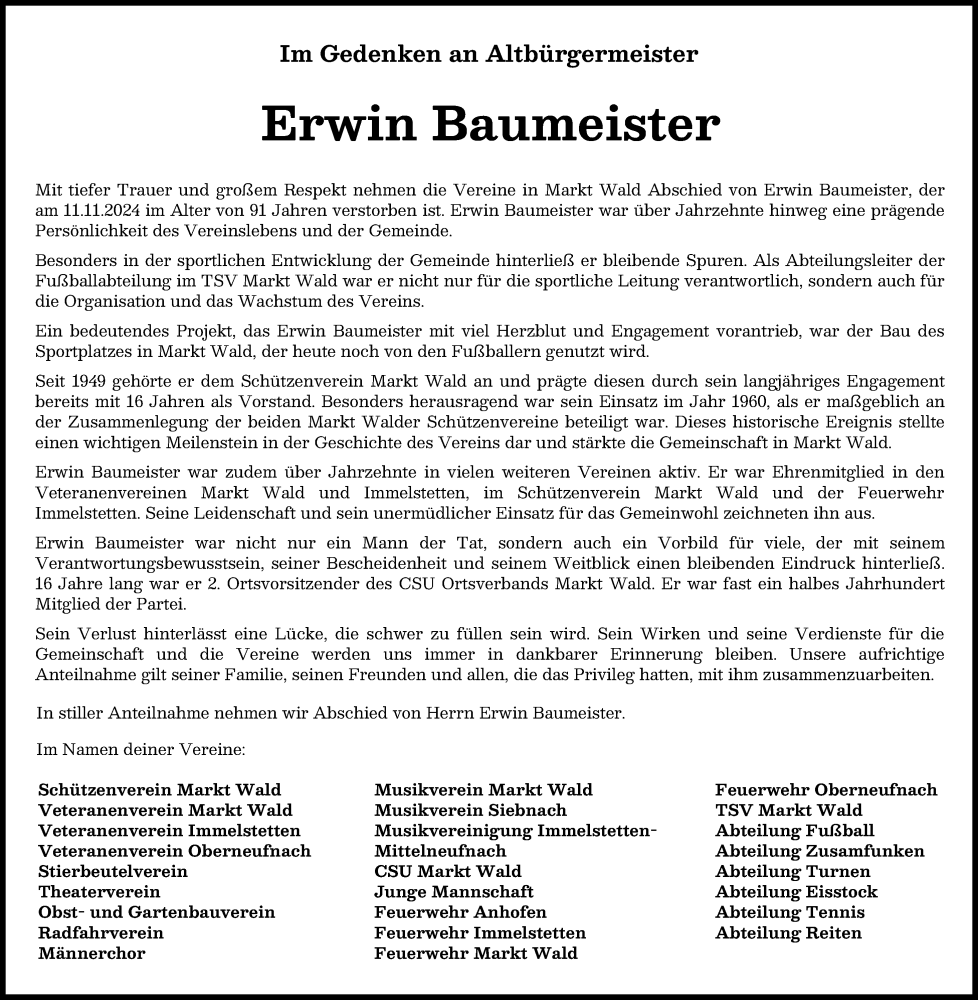 Traueranzeige von Erwin Baumeister von Mindelheimer Zeitung