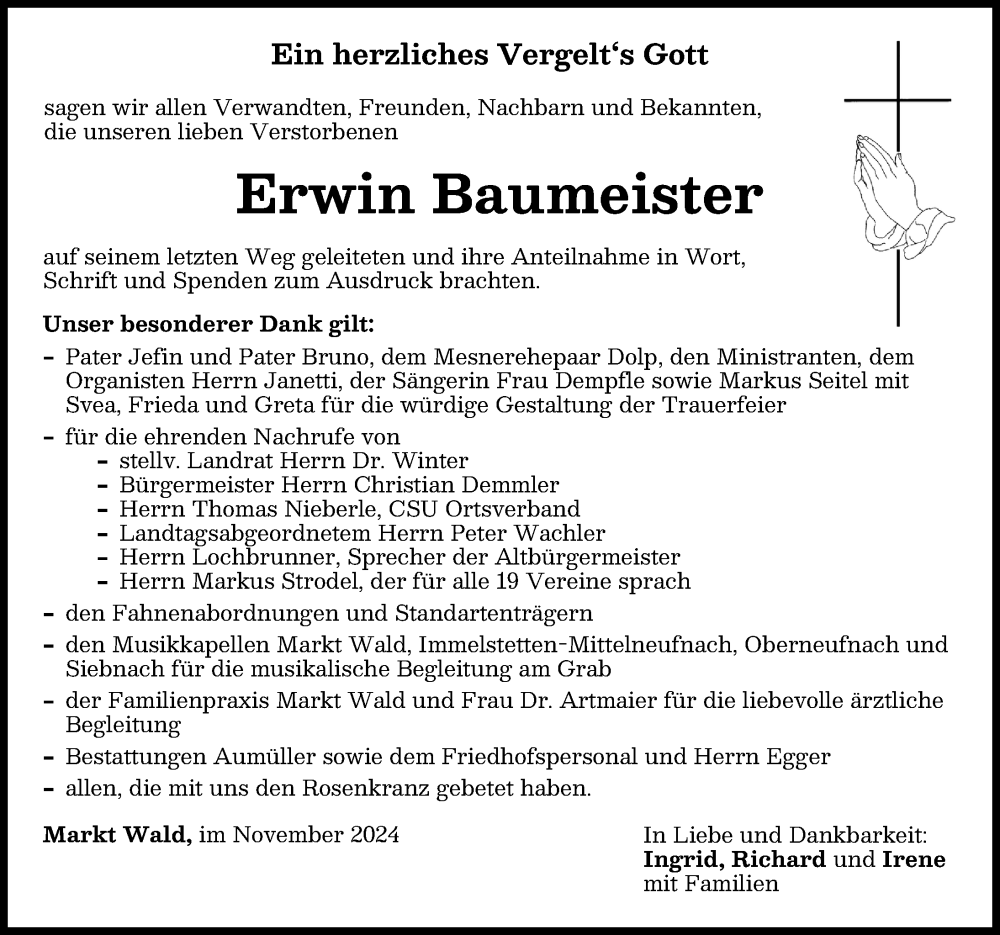 Traueranzeige von Erwin Baumeister von Mindelheimer Zeitung