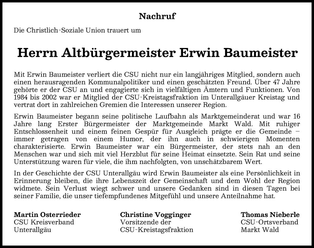 Traueranzeige von Erwin Baumeister von Mindelheimer Zeitung