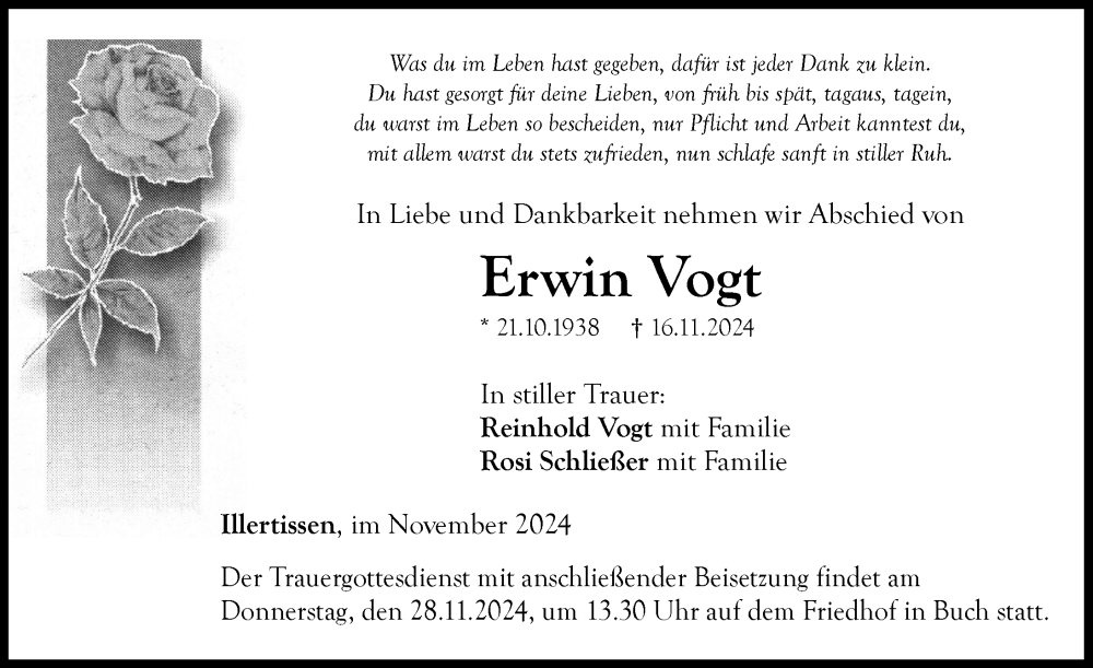 Traueranzeige von Erwin Vogt von Illertisser Zeitung