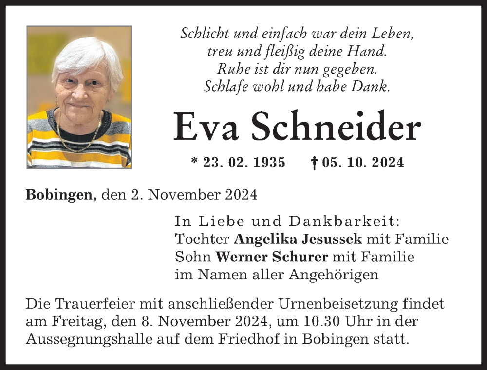 Traueranzeige von Eva Schneider von Schwabmünchner Allgemeine