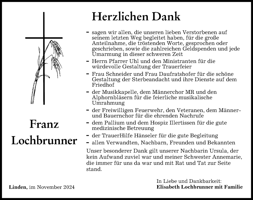 Traueranzeige von Franz Lochbrunner von Mindelheimer Zeitung