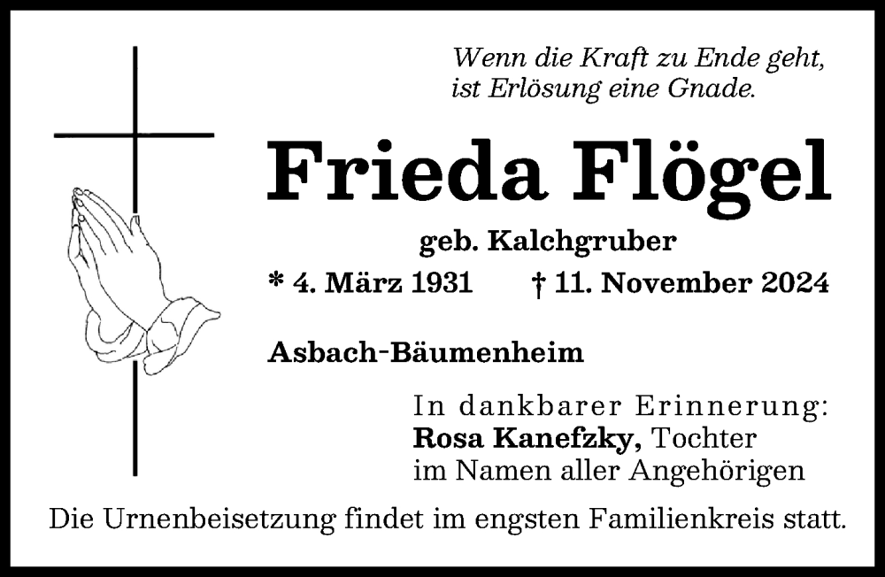 Traueranzeige von Frieda Flögel von Donauwörther Zeitung