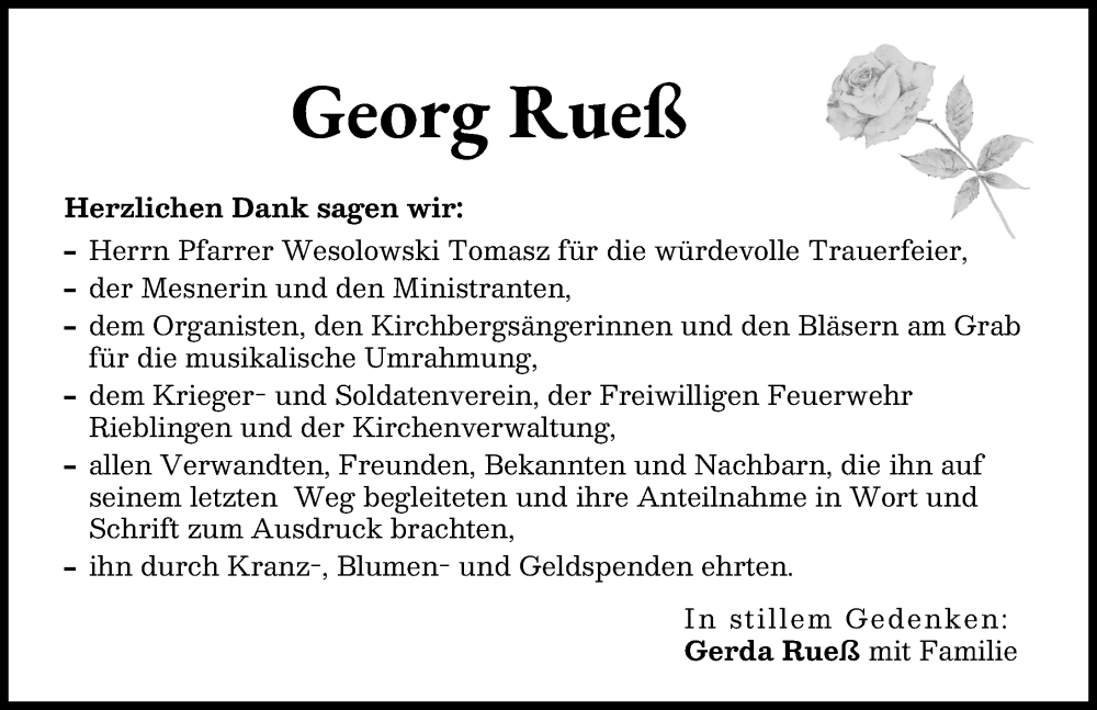 Traueranzeige von Georg Rueß von Wertinger Zeitung, Augsburg-Land