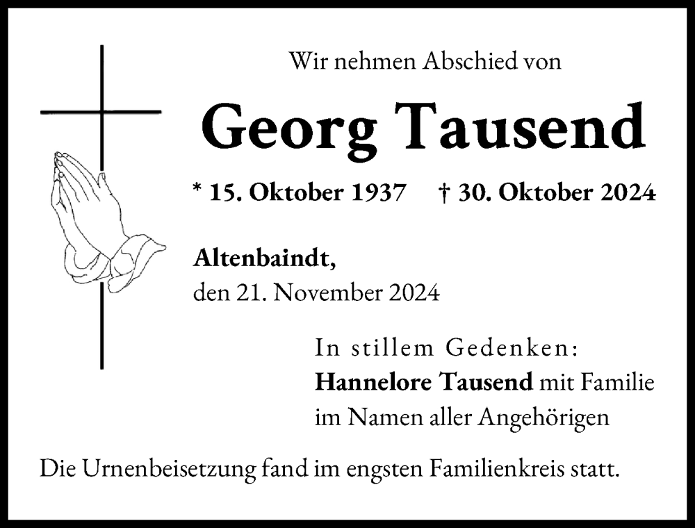 Traueranzeige von Georg Tausend von Donau Zeitung