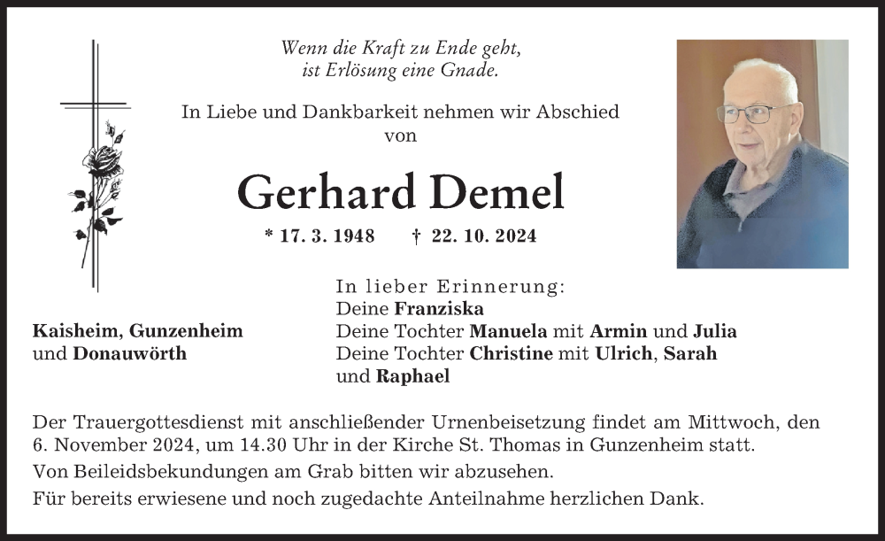 Traueranzeige von Gerhard Demel von Donauwörther Zeitung