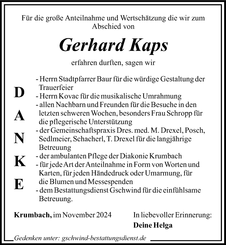 Traueranzeige von Gerhard Kaps von Mittelschwäbische Nachrichten