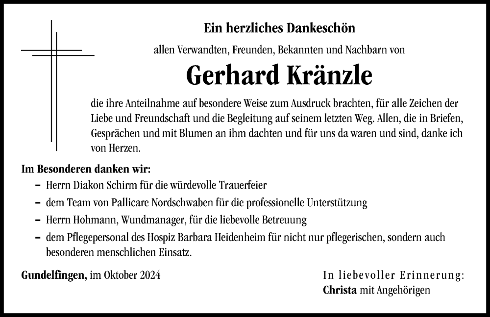 Traueranzeige von Gerhard Kränzle von Donau Zeitung