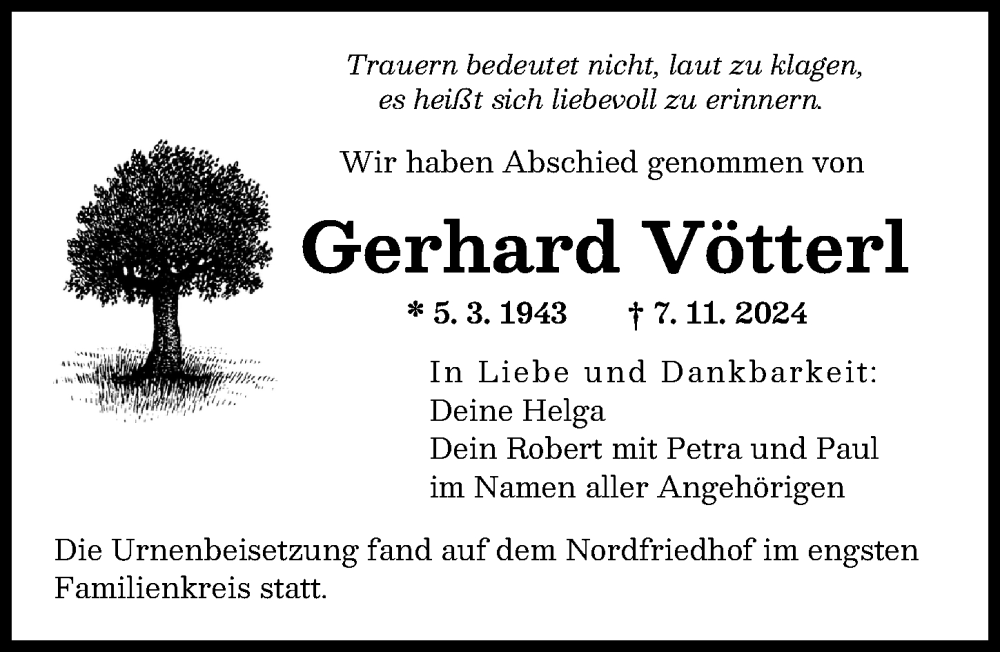 Traueranzeige von Gerhard Vötterl von Augsburger Allgemeine