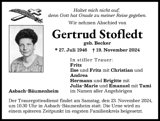 Traueranzeige von Gertrud Stofledt von Donauwörther Zeitung