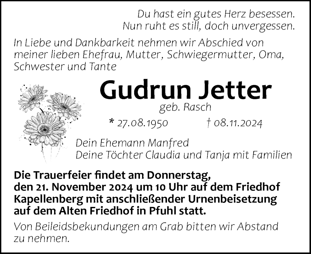 Traueranzeige von Gudrun Jetter von Augsburger Allgemeine, Neu-Ulmer Zeitung