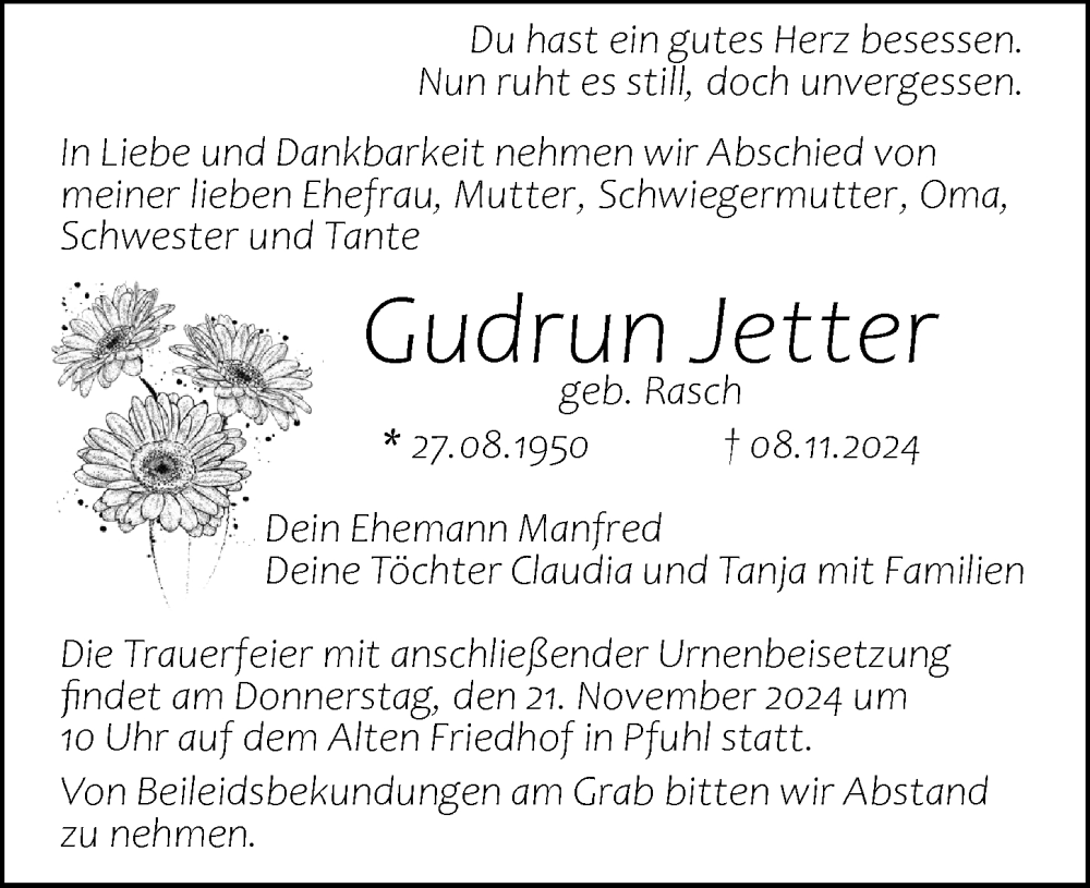 Traueranzeige von Gudrun Jetter von Augsburger Allgemeine, Neu-Ulmer Zeitung