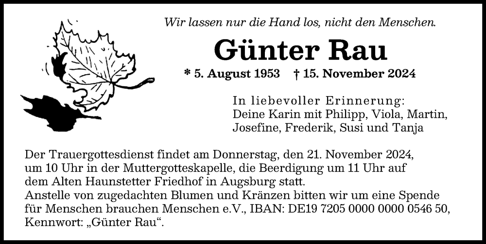 Traueranzeige von Günter Rau von Augsburger Allgemeine