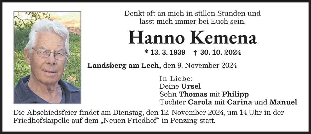 Traueranzeige von Hanno Kemena von Landsberger Tagblatt