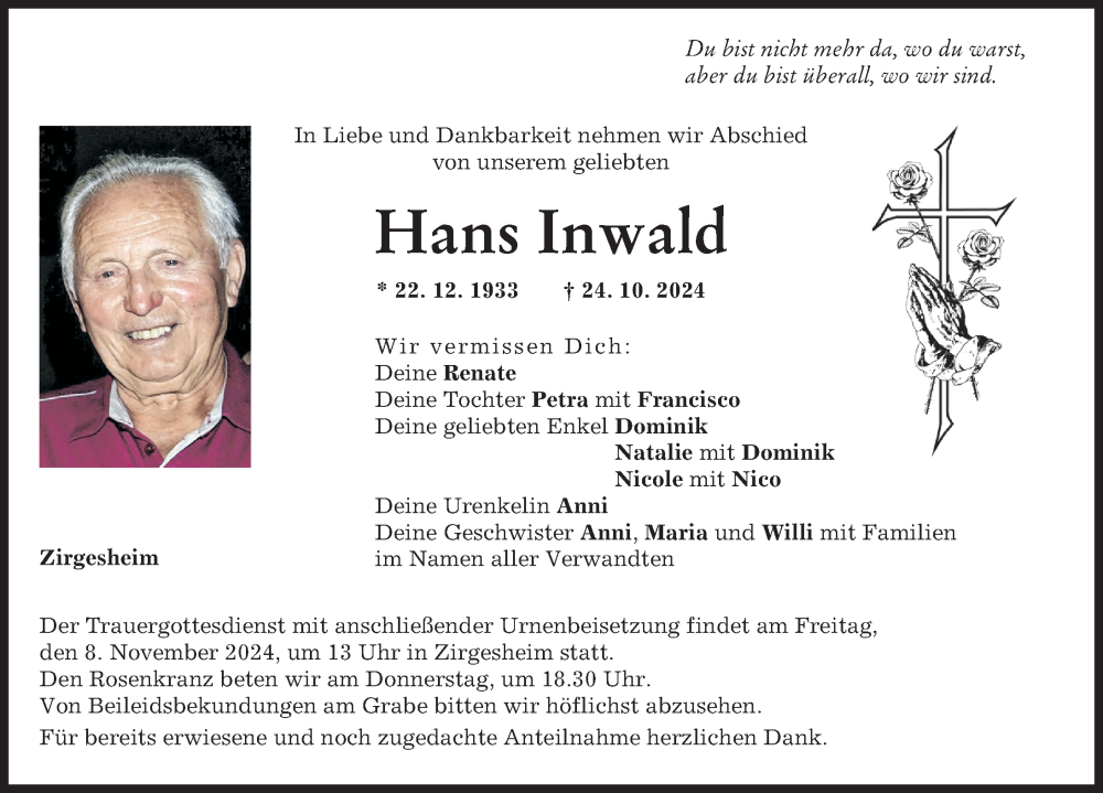 Traueranzeige von Hans Inwald von Donauwörther Zeitung