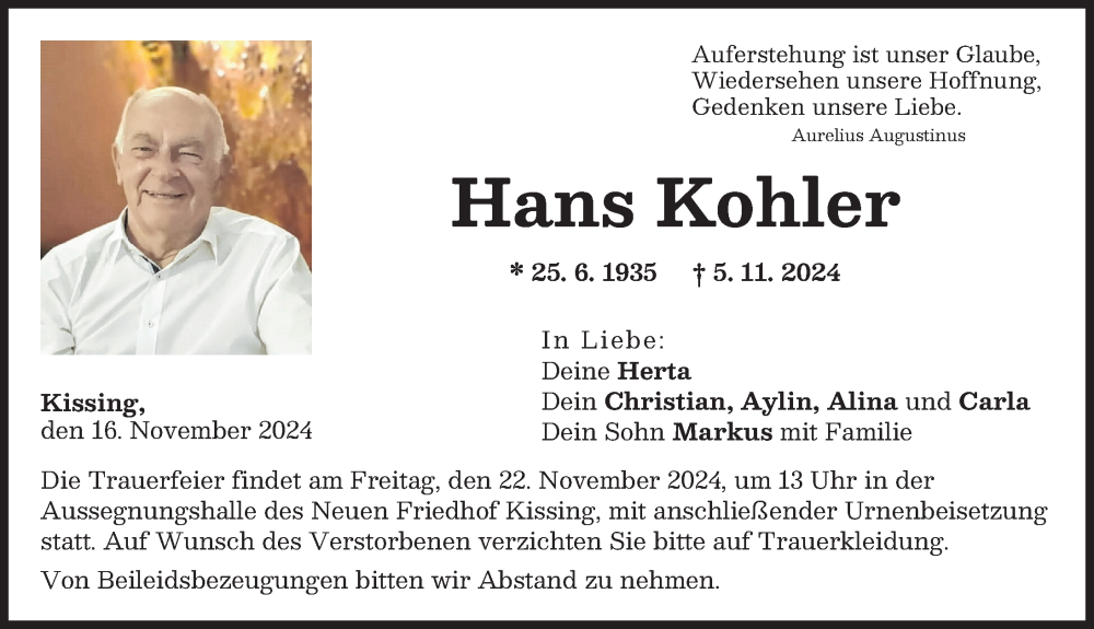 Traueranzeige von Hans Kohler von Augsburger Allgemeine, Friedberger Allgemeine